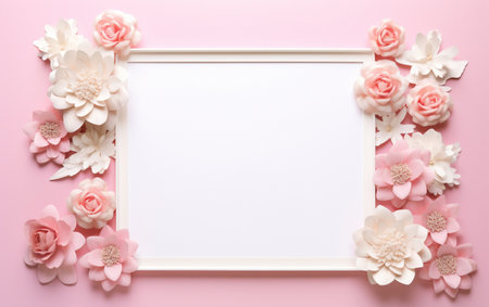 A pink and white paper photo frame with flowers on itの素材