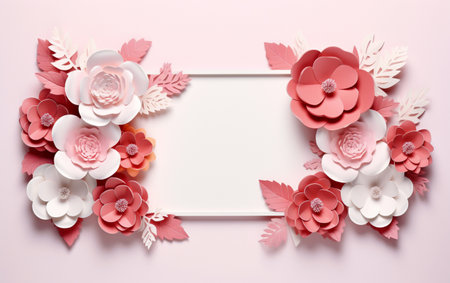 A pink and white paper photo frame with flowers on itの素材