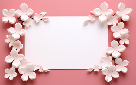 A pink and white paper photo frame with flowers on itの素材