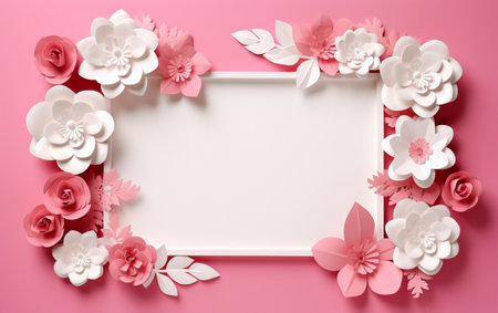 A pink and white paper photo frame with flowers on itの素材