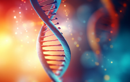 3d dna strands on an abstract backgroundの素材