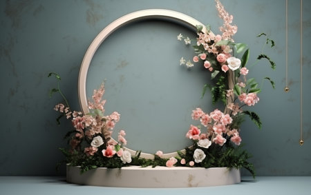 3d render of abstract display podium with flowers and round frameの素材