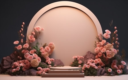 3d render of abstract display podium with flowers and round frameの素材