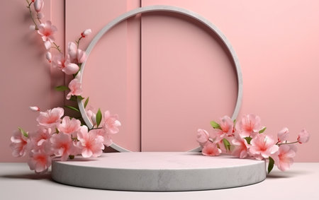 3d render of abstract display podium with flowers and round frameの素材