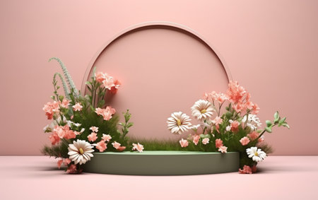 3d render of abstract display podium with flowers and round frameの素材