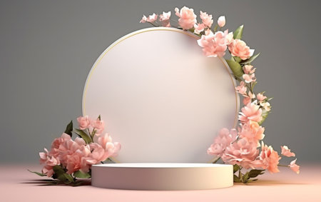 3d render of abstract display podium with flowers and round frameの素材