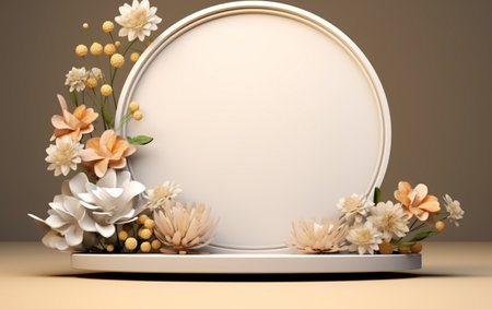 3d render of abstract display podium with flowers and round frameの素材
