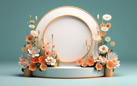 3d render of abstract display podium with flowers and round frameの素材