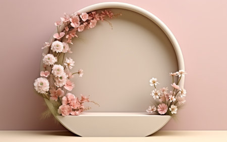3d render of abstract display podium with flowers and round frameの素材