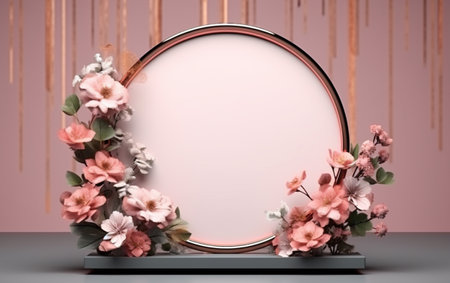 3d render of abstract display podium with flowers and round frameの素材