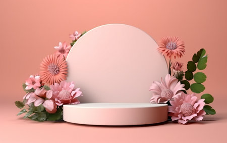 3d render of abstract display podium with flowers and round frameの素材