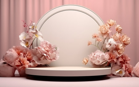 3d render of abstract display podium with flowers and round frameの素材