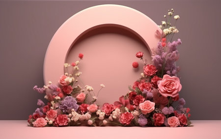 3d render of abstract display podium with flowers and round frameの素材