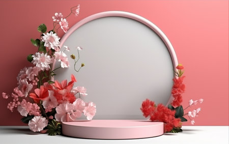 3d render of abstract display podium with flowers and round frameの素材