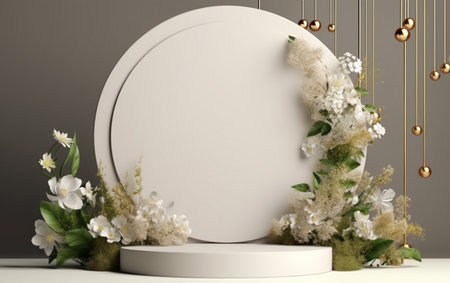 3d render of abstract display podium with flowers and round frameの素材
