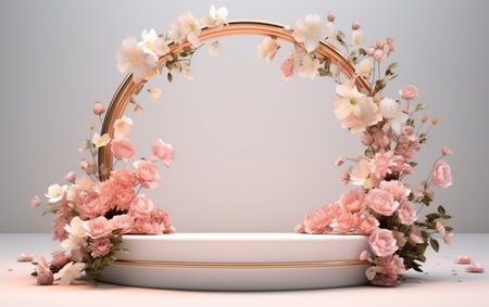 3d render of abstract display podium with flowers and round frameの素材
