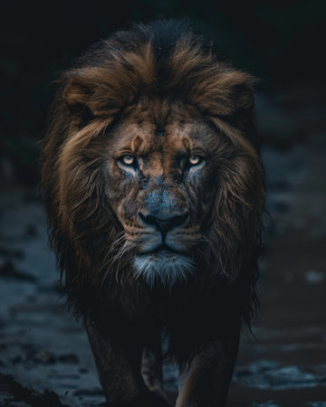 Lion at night with headlights from behindの素材