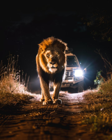 Lion at night with headlights from behindの素材