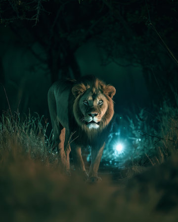Lion at night with headlights from behindの素材