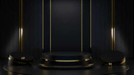 Black geometric platform with golden glitter in background. Luxury scene for cosmetic products display, showcase, promotionの写真素材