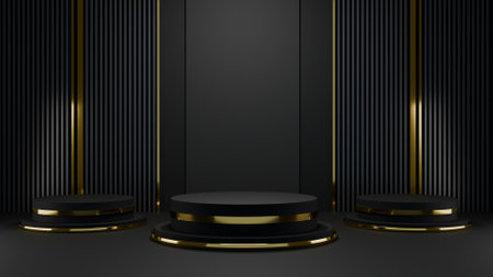 Black geometric platform with golden glitter in background. Luxury scene for cosmetic products display, showcase, promotionの写真素材