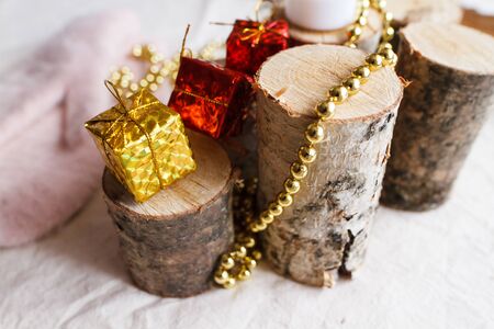 Christmas composition of toys, tree, mittens and postcardsの写真素材