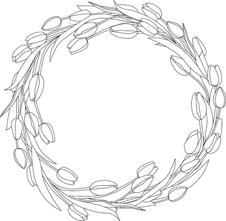 Wreath of tulips spring coloring page.のイラスト素材