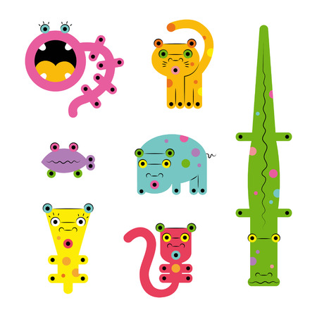 Set collection of unusual cute colored bright strange various cute colorful cartoon weird ?reatures monsters animalsのイラスト素材
