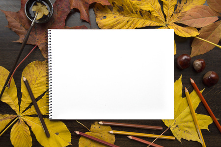 Autumn composition with empty album and fallen leavesの写真素材