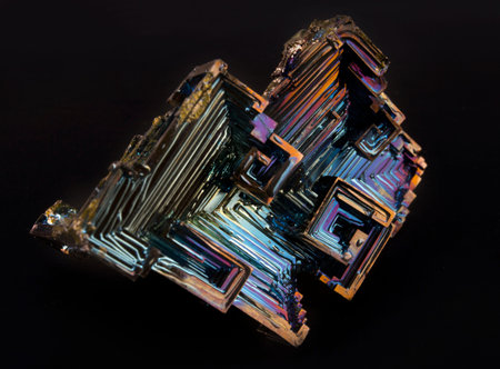 Shiny colorful mineral bismuth on a dark background