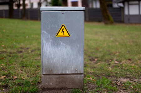 A small outdoor electrical panel standing in the parkの写真素材