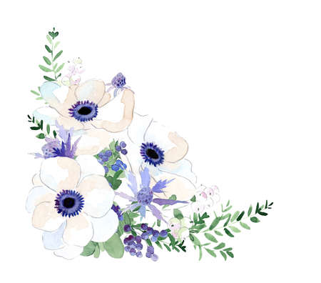 Elegant watercolor vintage hand drawn watercolor flower anemones thistle wedding save the date compositionの写真素材