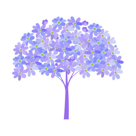 Fantasy tree of blue violet spring blooming wild forest flowers Hepatica on white backgroundのイラスト素材