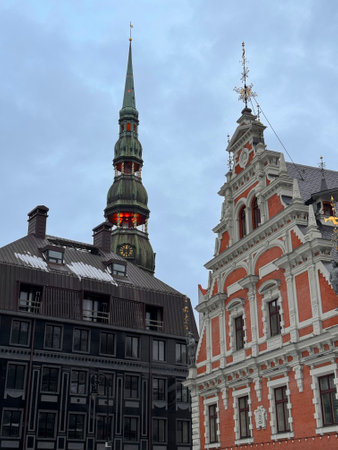 Evangelical Lutheran Church of Latvia St. Peter's Church Dome Cathedral Baroque in Christmas winter twilightの素材