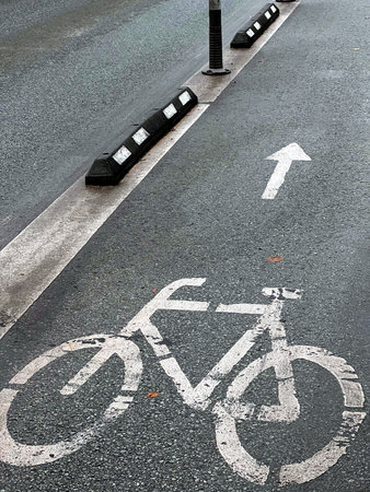 Bicycle lane marking with direction arrow on wet asphalt, city cycling infrastructure after rain.の写真素材