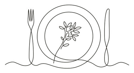 Continuous one line drawing of table setting with botanical elements inside the plate. Minimalist dining illustration with herbs and leaves.のイラスト素材