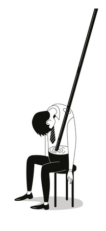 Minimalist black-and-white conceptual illustration depicting an exhausted drunk man slumped on a chair with a large cocktail straw passing through his torsoのイラスト素材