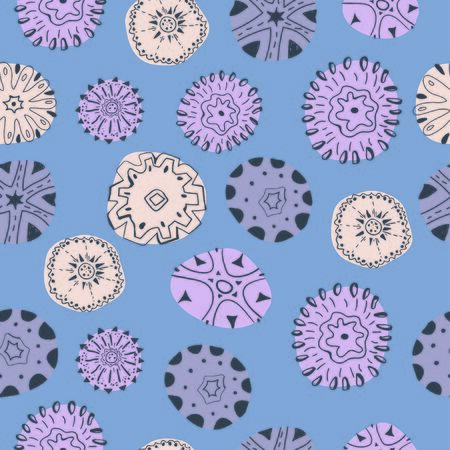 Abstract geometric decorative seamless pattern. Hand drawn pebbles with ornament on lilac background.のイラスト素材