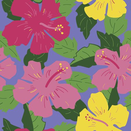 Vector organic motive seamless pattern. Hibiscus flowers botanical hand drawn texture for design.のイラスト素材