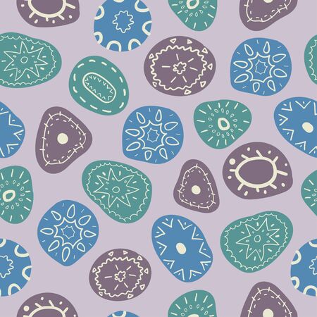 Abstract geometric decorative seamless pattern. Hand drawn pebbles with ornament on lilac background.のイラスト素材