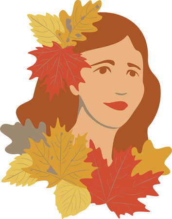 Vector illustration of a woman with autumn leaves. Hand drawn autumn girl.のイラスト素材
