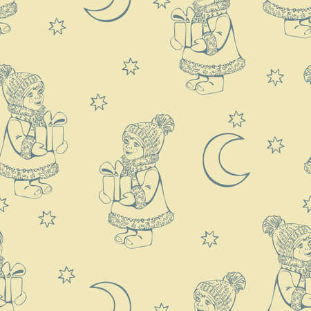 Seamless pattern of girl with a gift, stars and moon. Christmas postcard vector design. Small girl in winter clothes, New Year concept.のイラスト素材