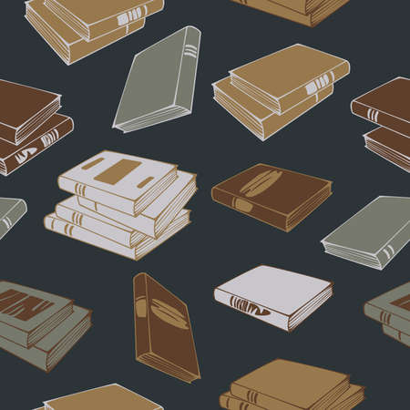 Vector seamless pattern of books and stacks of books isolated on a dark background. Concept for book shop.のイラスト素材