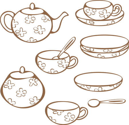 Vector set of crockery for tea-drinking - cups, mugs, teapot, sugar bowl and lump sugar. Concept for tea store.のイラスト素材