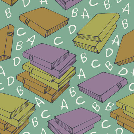 Vector seamless pattern of books and stacks of books isolated on a light background with letters. Concept for book shop.のイラスト素材