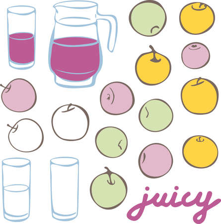 Vector hand drawn set of apples of different color, jar and glasses with juice. Vector illustration collection for restaurant.のイラスト素材