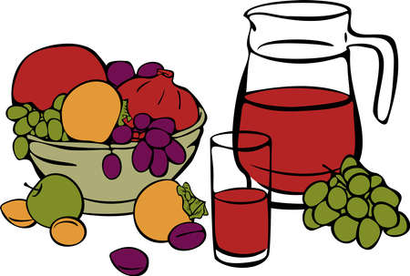 Vector still life illustration of ripe fruits in bowl and fruit juice in jar.のイラスト素材
