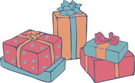 Vector still life with colorful gift boxes isolated on white background. Gitfs concept for New Year.のイラスト素材