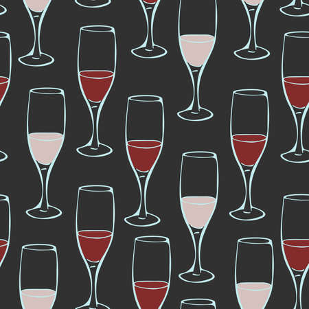 Vector seamless with wineglasses on a dark background. Design concept for winery of restaurant. Wallpaper or menu design.のイラスト素材
