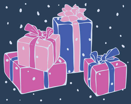 Vector illustration postcard design with stack of colorful gift boxes on a dark blue background. Postcard with gitfs design for New Year or Christmas.のイラスト素材